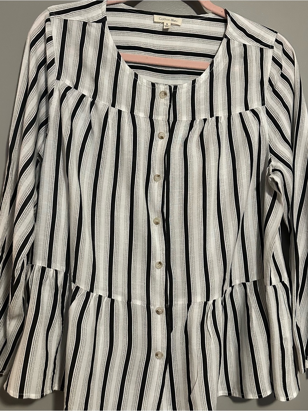 Cotton Bleu Black & White Striped Button-Down Peplum Shirt